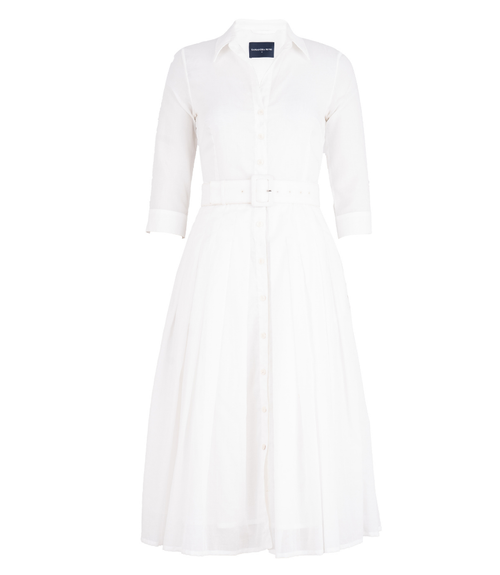 A knee-length dress with a collared neckline, three-quarter sleeves, and a flared skirt. Features a bold allover abstract pattern and fitted waist.