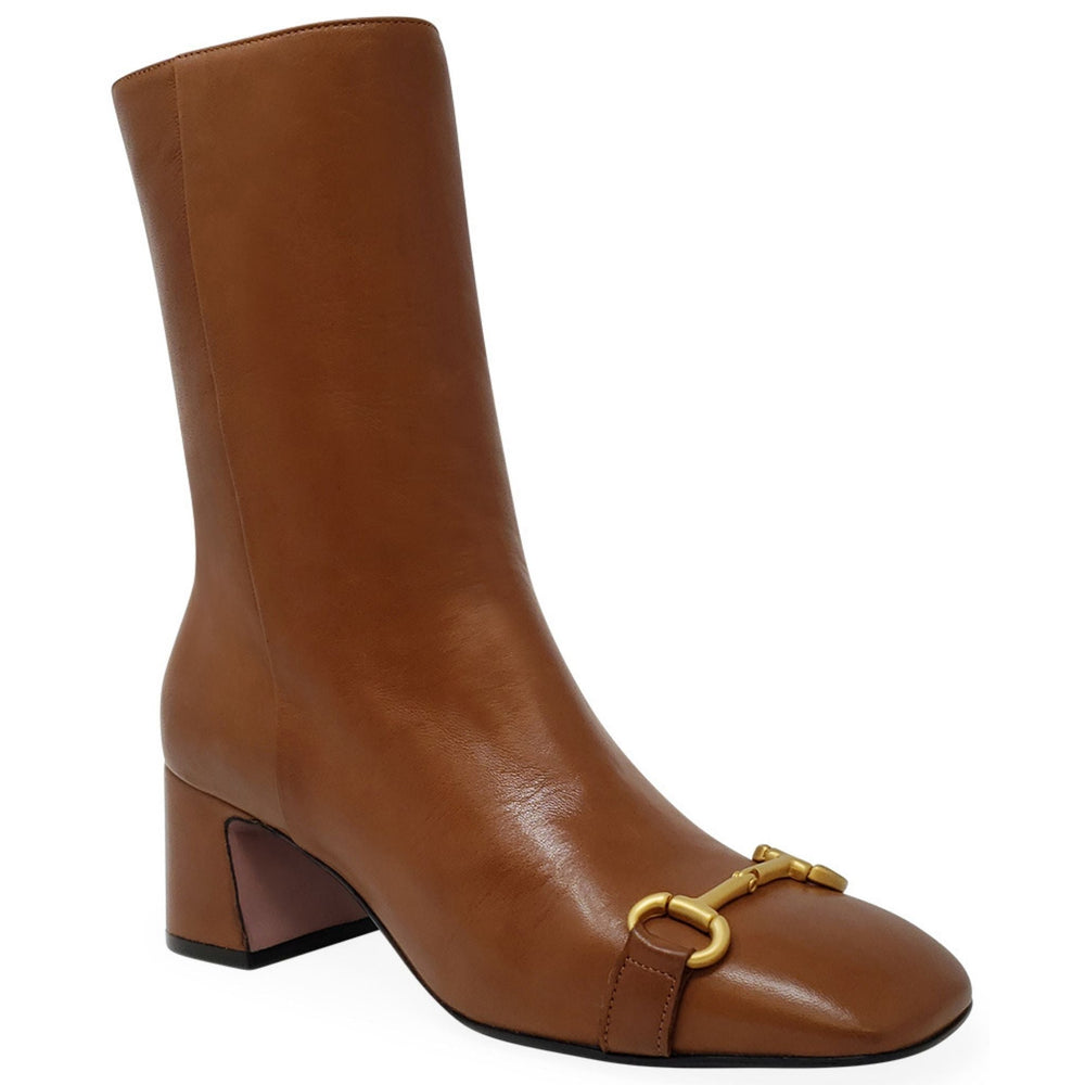 Cognac leather ankle boot with gold buckle strap and block heel