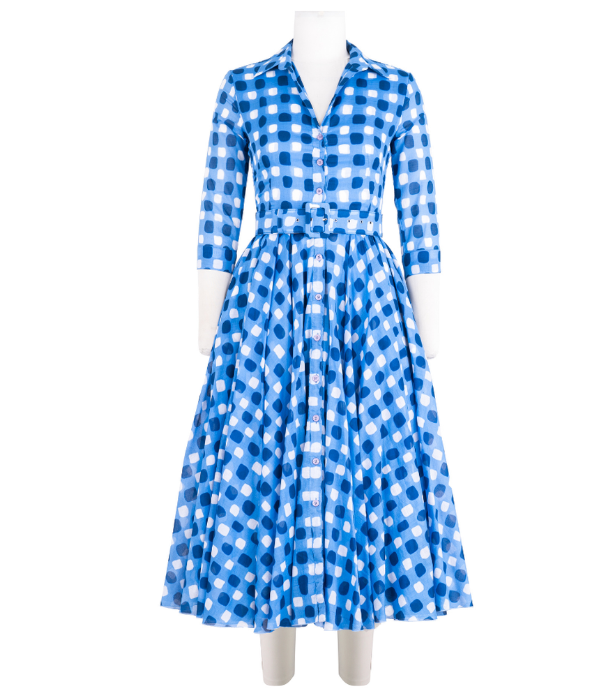 
                      
                        A knee-length dress with a collared neckline, three-quarter sleeves, and a flared skirt. Features a bold allover abstract pattern and fitted waist.
                      
                    
