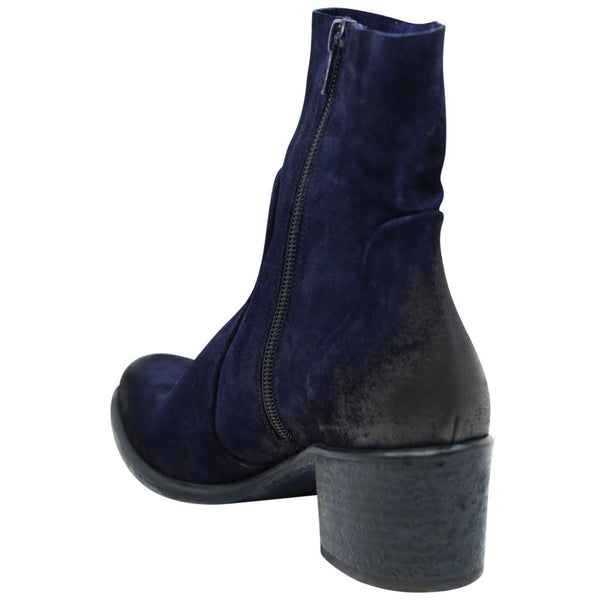 Navy blue suede ankle boot with a block heel on a white background