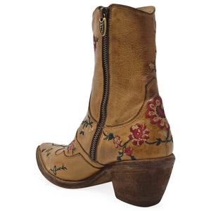 Brown cowboy boot with floral embroidery on a white background