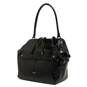 Black handbag with a shoulder strap on a white background