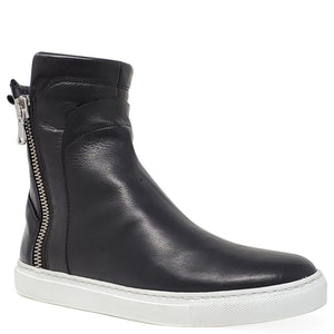 Black leather ankle boot with a zipper on a white background