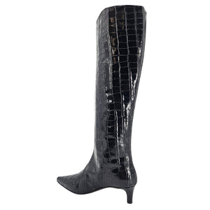A black, knee-high boot with a mock crocodile texture and a slender kitten heel. The boot has a pointed toe.