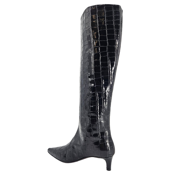 A black, knee-high boot with a mock crocodile texture and a slender kitten heel. The boot has a pointed toe.