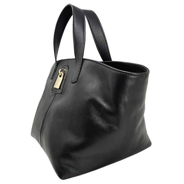 Black leather handbag with a gold zipper on a white background