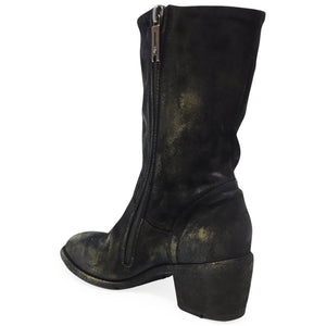 Black distressed leather boot with a zipper on a white background