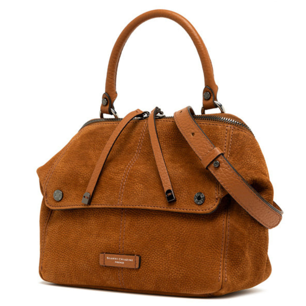 Brown leather handbag with top handles and adjustable front strap detail