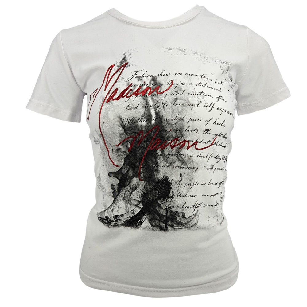 White t-shirt with black and red design on a white background