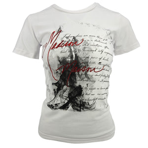 White t-shirt with black and red design on a white background