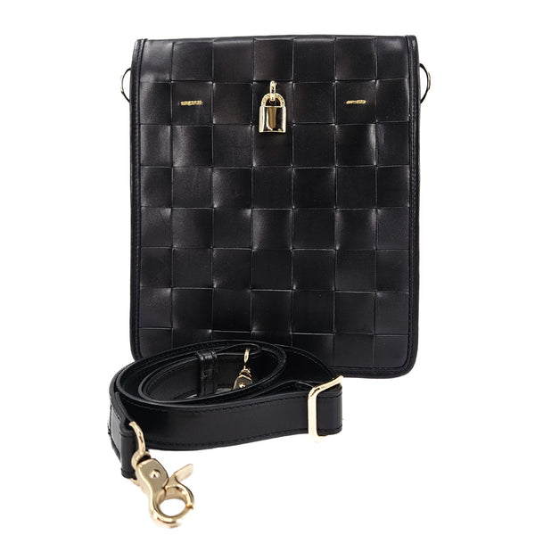 Black woven handbag with gold accents on a white background