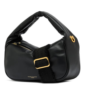 Black handbag with gold accents on a white background