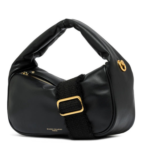 Black handbag with gold accents on a white background