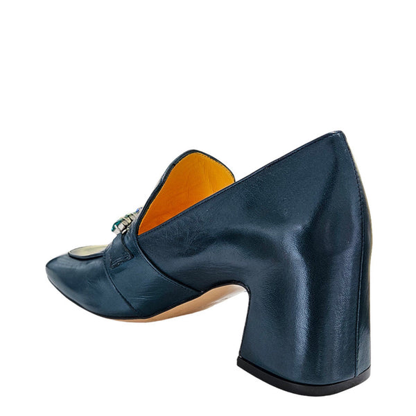 Blue shoe with a brown interior on a white background