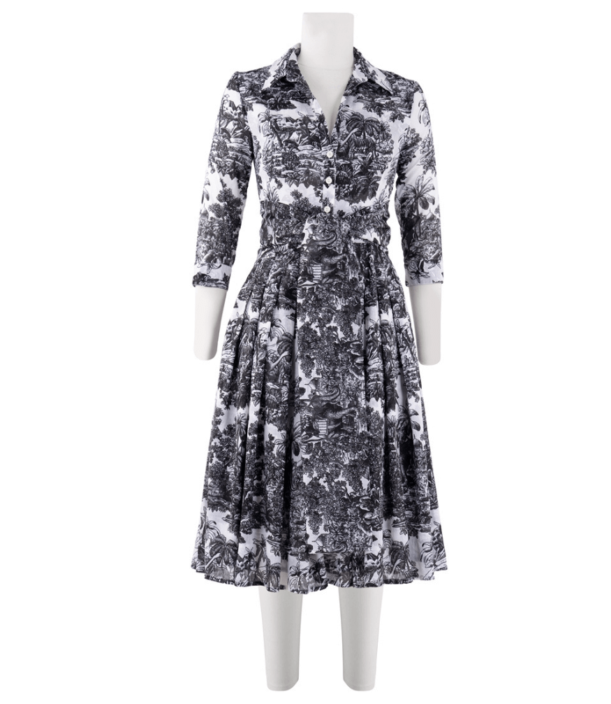 Women's long-sleeve maxi dress with V-neck and black-and-white toile print