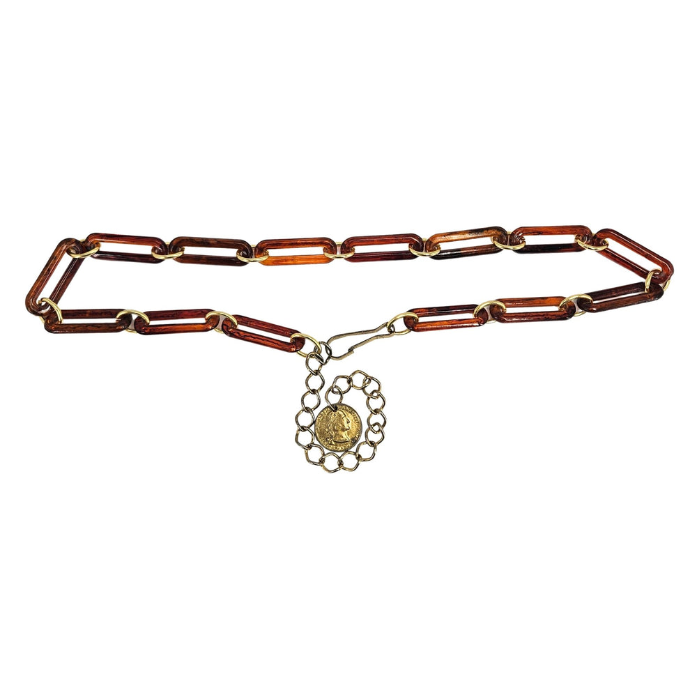 Vintage Tortoise Shell Link Statement Belt with Gold Coin Charms