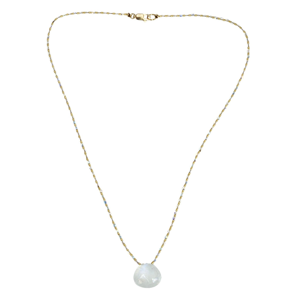 Moonstone pendant necklace with gold-tone chain and round iridescent cabochon