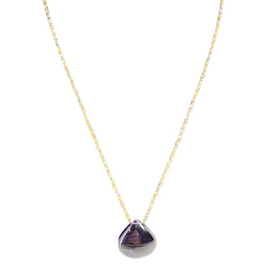 Necklace with a purple teardrop pendant on a white background