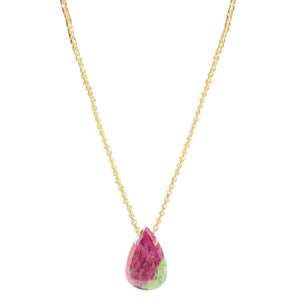 Necklace with a teardrop-shaped gemstone pendant on a white background
