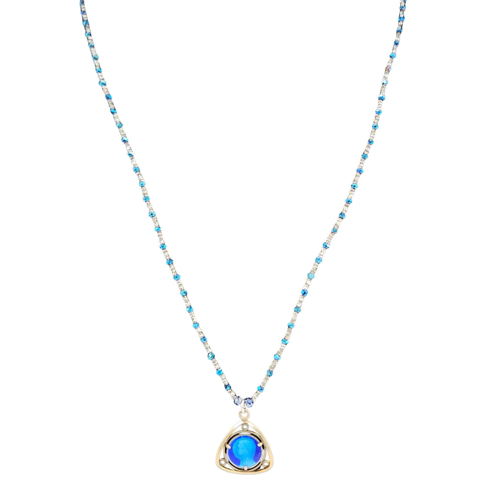 Necklace with a blue pendant on a white background