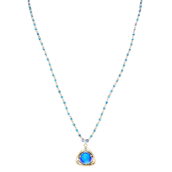 Necklace with a blue pendant on a white background