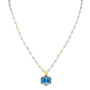 Necklace with blue pendant and gold chain on a white background