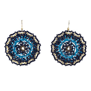 Pair of beaded earrings with blue and black pattern on a white background