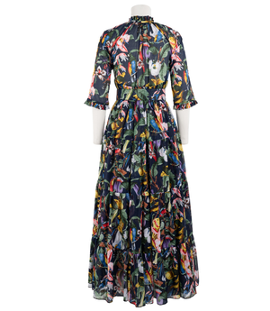 A knee-length dress with a collared neckline, three-quarter sleeves, and a flared skirt. Features a bold allover abstract pattern and fitted waist.