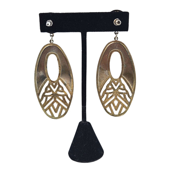 Vintage 1970s Dramatic Green Enamel Gold Earrings