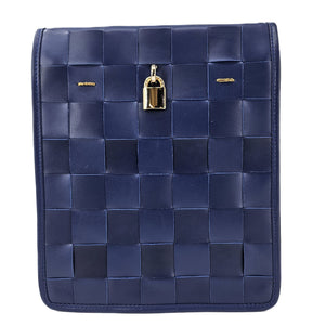 Blue woven handbag with a gold lock on a white background