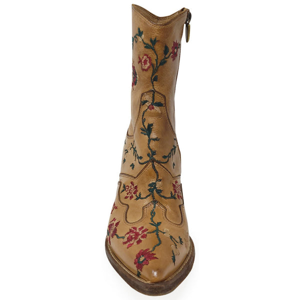 Tan boot with floral embroidery on a white background
