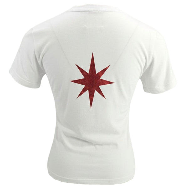 White t-shirt with a red star design on the back against a white background