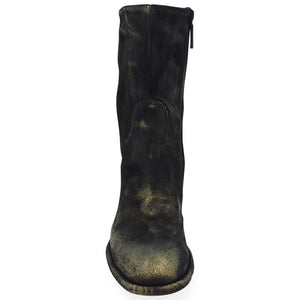 Black distressed knee-high boot on a white background