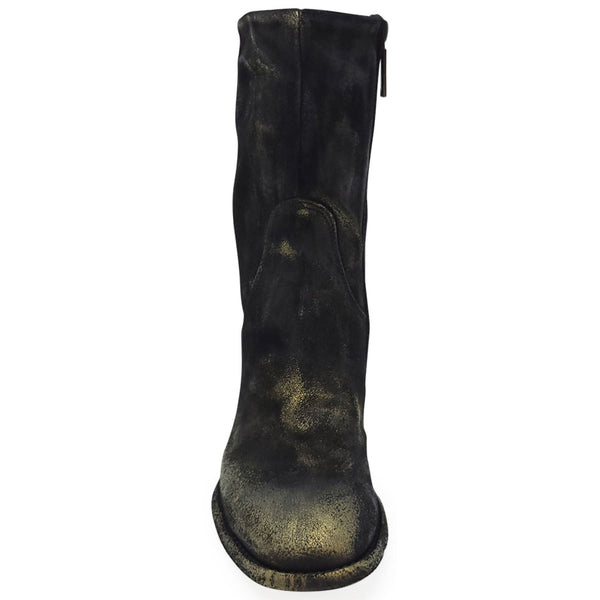 Black distressed knee-high boot on a white background