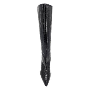 A black, knee-high boot with a mock crocodile texture and a slender kitten heel. The boot has a pointed toe.