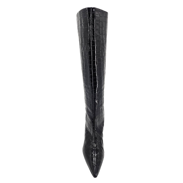 A black, knee-high boot with a mock crocodile texture and a slender kitten heel. The boot has a pointed toe.