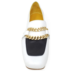 White loafer with gold chain detail on a white background