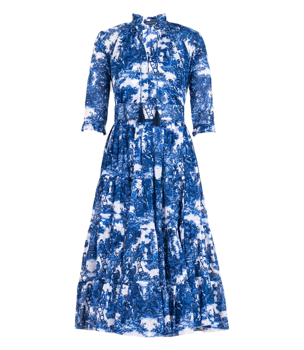 A knee-length dress with a collared neckline, three-quarter sleeves, and a flared skirt. Features a bold allover abstract pattern and fitted waist.