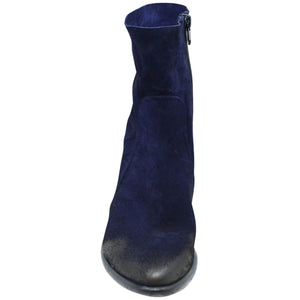 Navy blue suede ankle boot on a white background