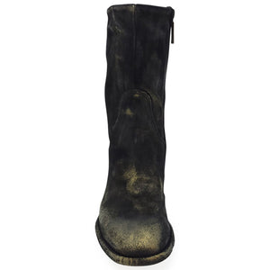 Black distressed knee-high boot on a white background