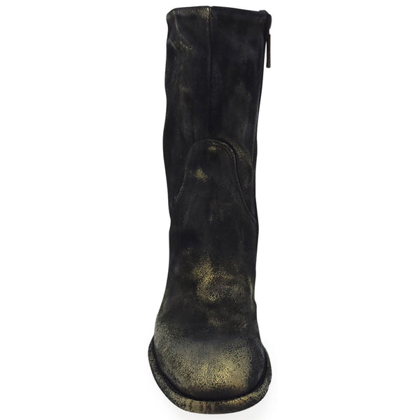 Black distressed knee-high boot on a white background