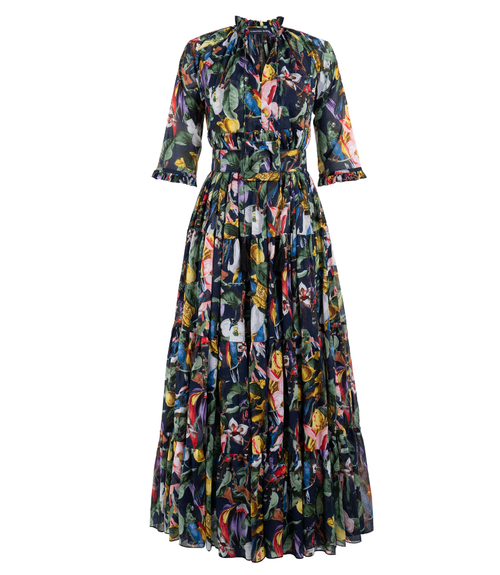 A knee-length dress with a collared neckline, three-quarter sleeves, and a flared skirt. Features a bold allover abstract pattern and fitted waist.
