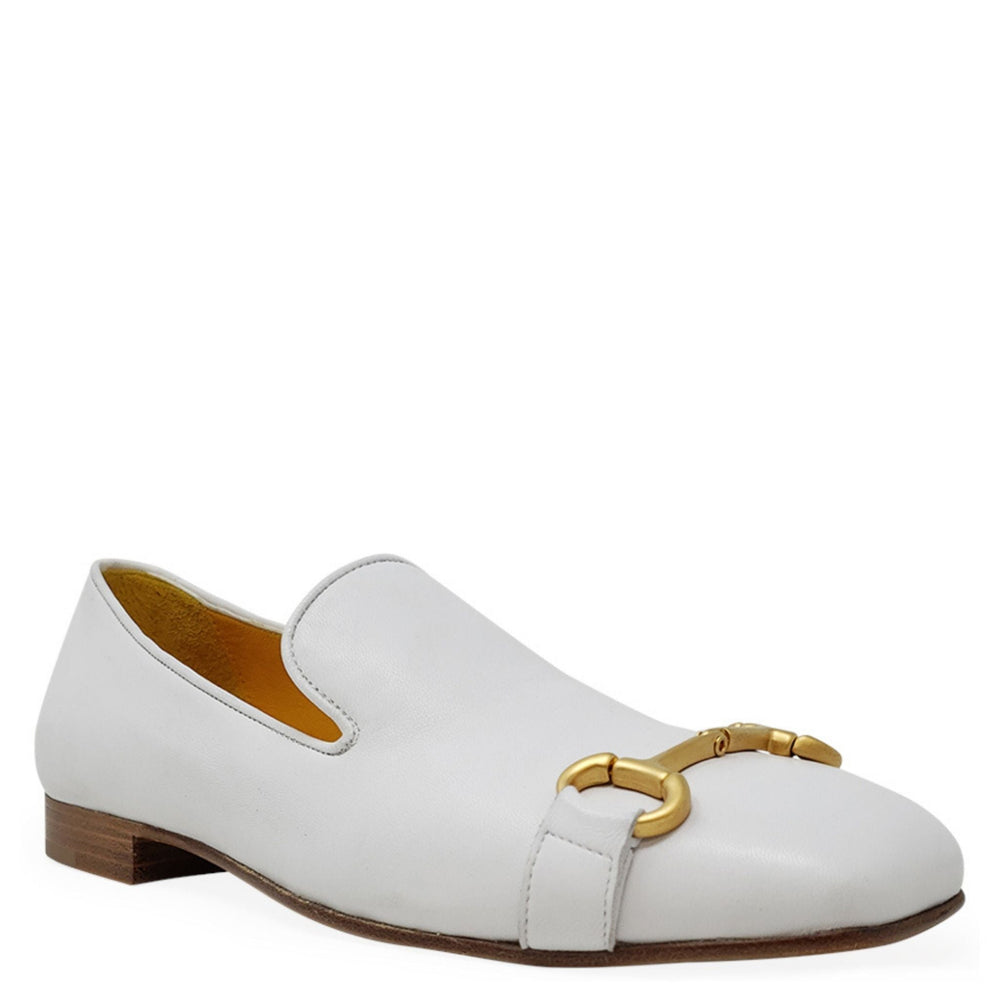 White leather square-toe loafer, side view, gold bit detail, low block heel