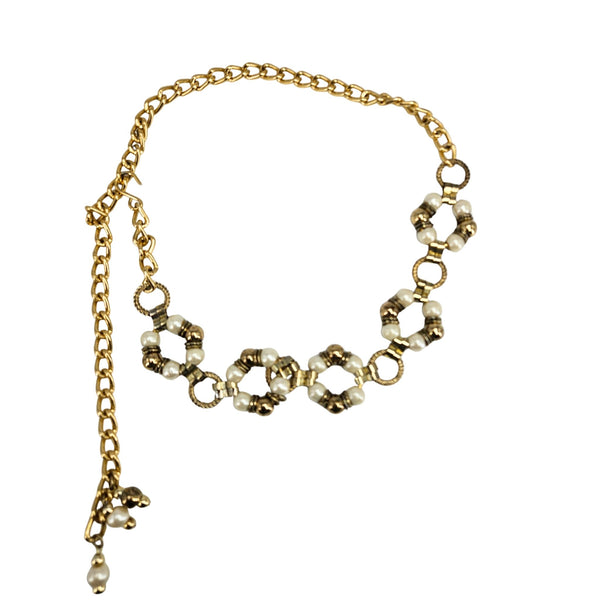 Vintage Multi-Strand Faux Pearl & Gold-Tone Chain Belt