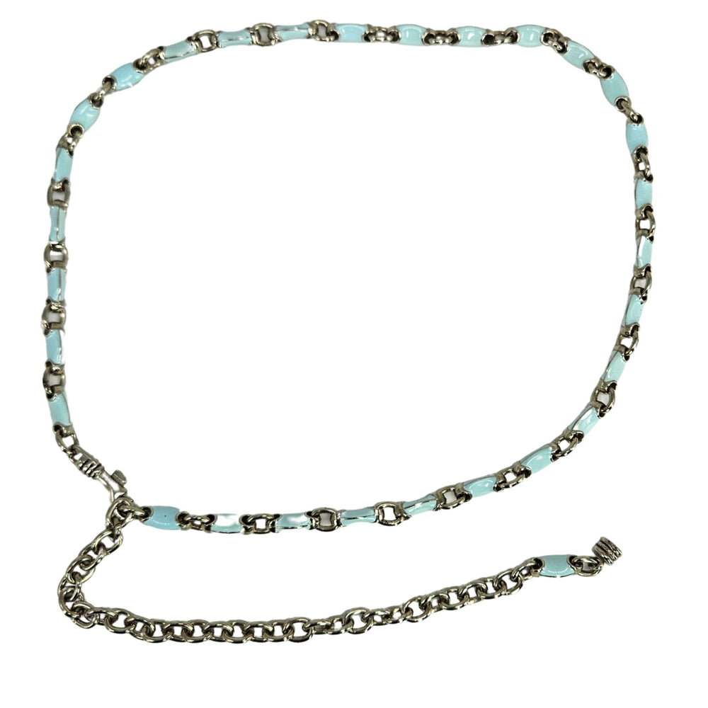 Necklace with light blue beads and silver chain on a white background