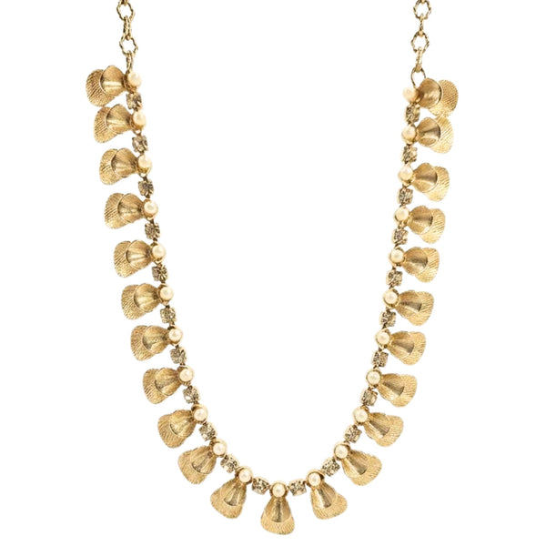 Gold necklace with teardrop-shaped pendants on a white background