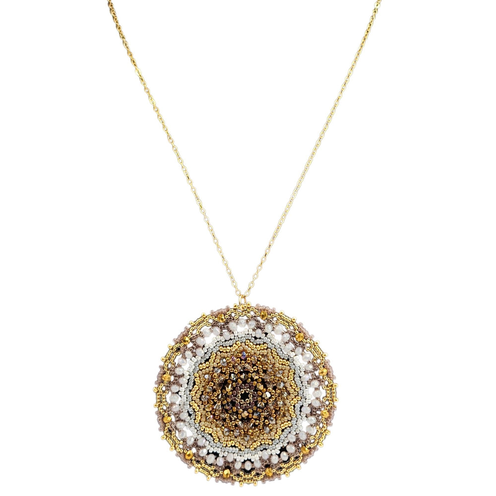 Decorative necklace with a circular pendant on a white background