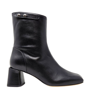Black leather ankle boot with a block heel on a white background