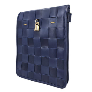 Blue woven clutch bag with a gold padlock on a white background