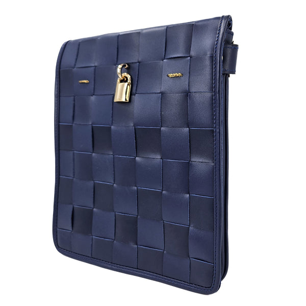 Blue woven clutch bag with a gold padlock on a white background